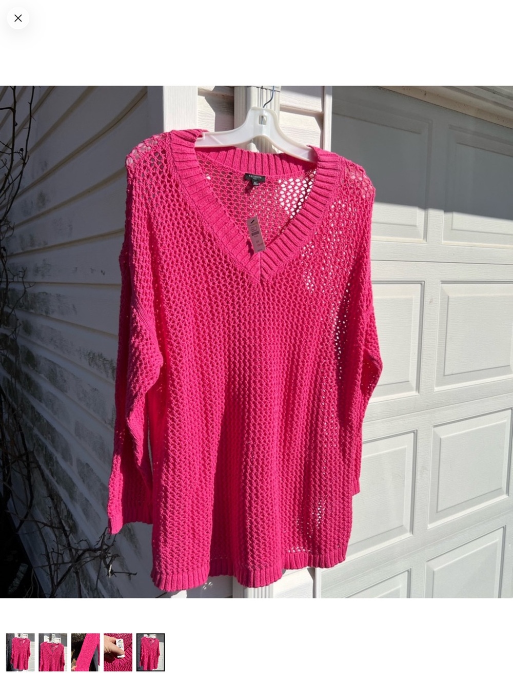 NWT Talbots Pretty Raspberry Cotton Open Weave V-neck Crochet Sweater